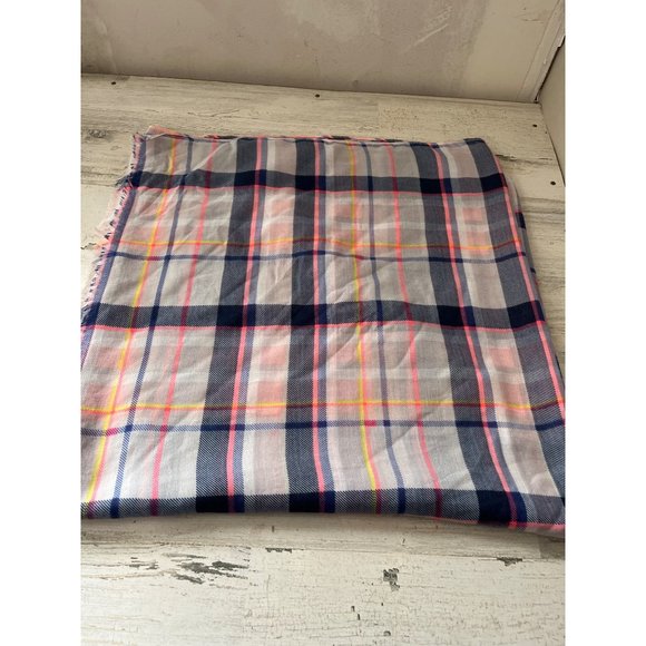 Woman’s pink blue yellow plaid lightweight scarf with fringe - Picture 2 of 3